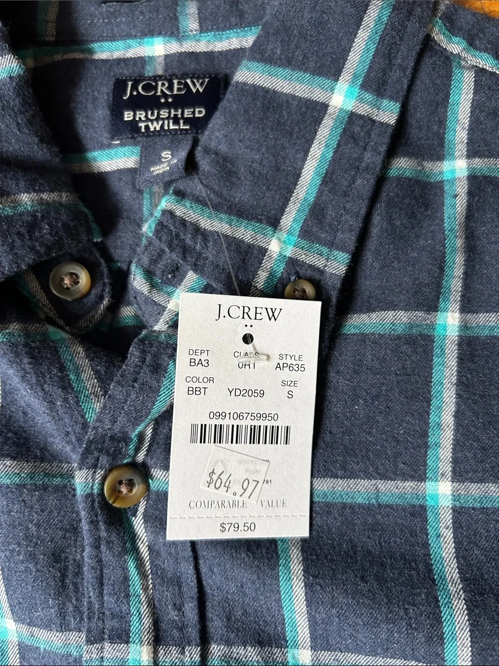J. Crew Men's Navy and Teal Windowpane Button-Down Shirt